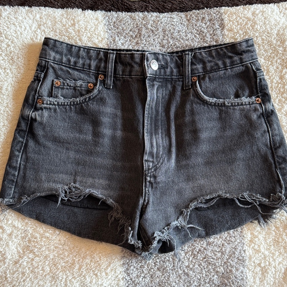 Zara Black Washed Distressed Denim Shorts